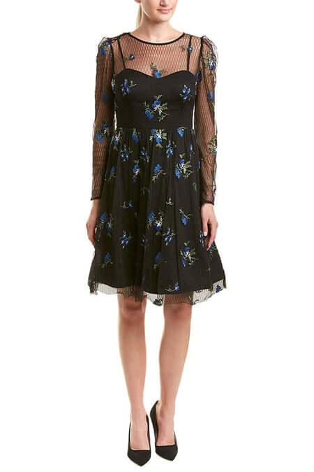 Taylor Boat Neck Long Sleeve Illusion A-Line Keyhole Back Embroidered Mesh Dress-0