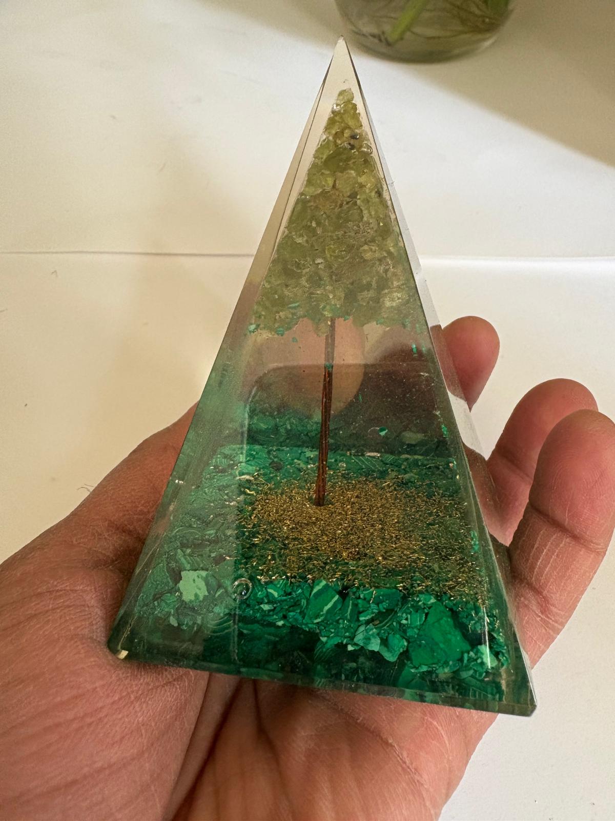 Malachite with Peridot Tree of Life Orgonite Pyramid-1