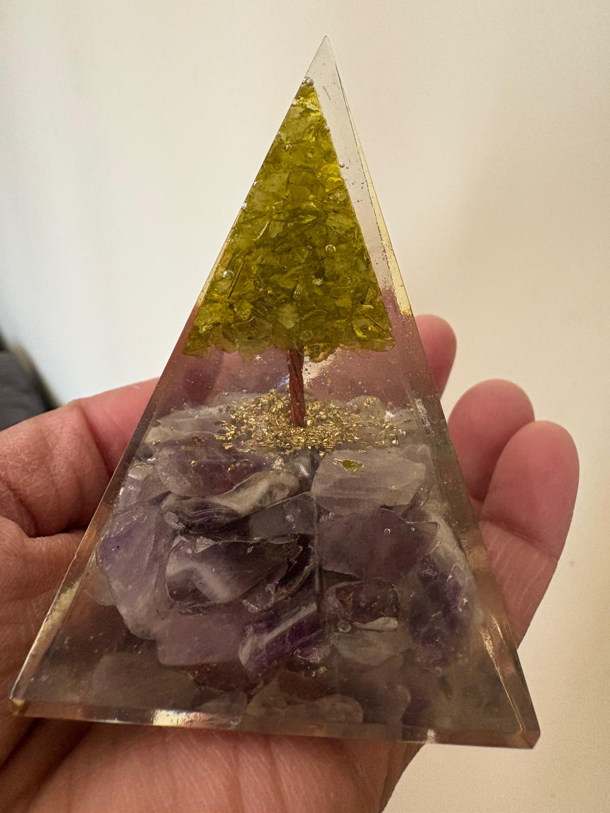 Amethyst with Peridot Tree of Life Orgonite Pyramid