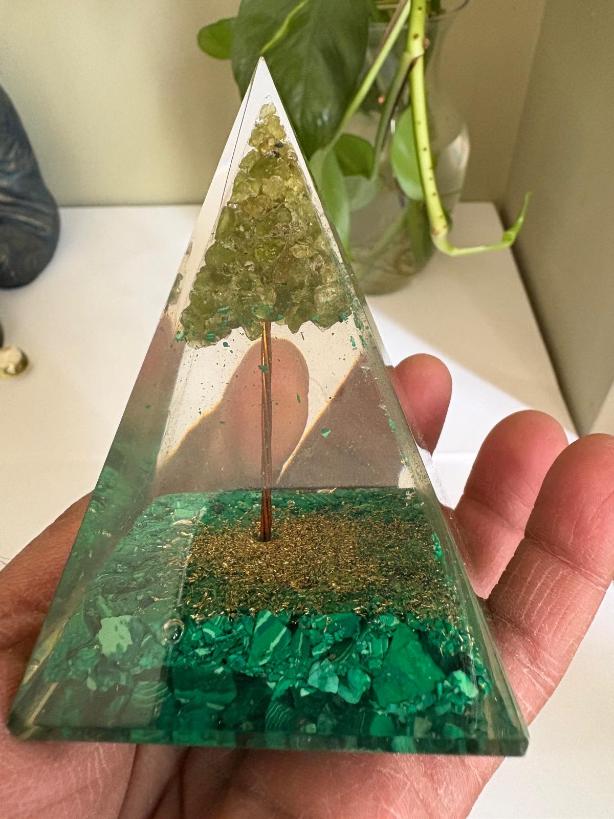Malachite with Peridot Tree of Life Orgonite Pyramid-0