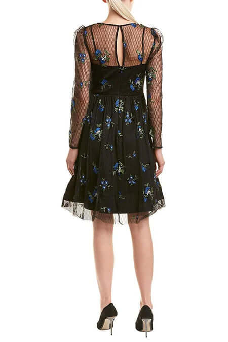 Taylor Boat Neck Long Sleeve Illusion A-Line Keyhole Back Embroidered Mesh Dress-1