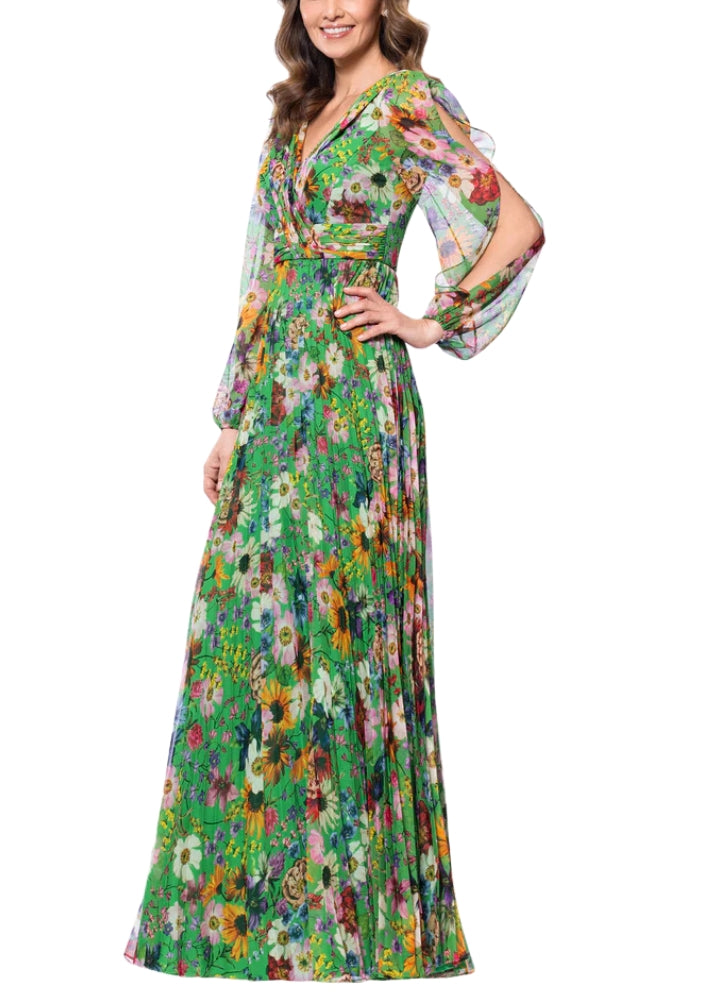 Betsy and Adam Chiffon Floral Print Katarina V-Neck Long Sheer Sleeves Wrap-Style Bodice Pleated Skirt Dress-1