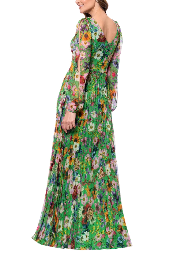 Betsy and Adam Chiffon Floral Print Katarina V-Neck Long Sheer Sleeves Wrap-Style Bodice Pleated Skirt Dress-2
