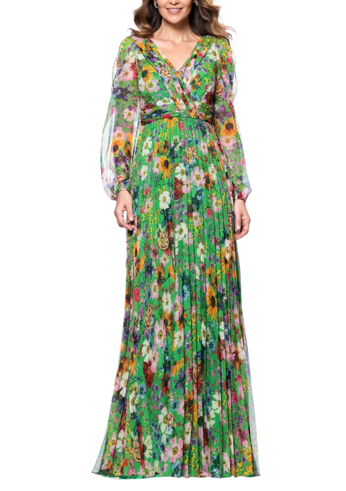 Betsy and Adam Chiffon Floral Print Katarina V-Neck Long Sheer Sleeves Wrap-Style Bodice Pleated Skirt Dress-0