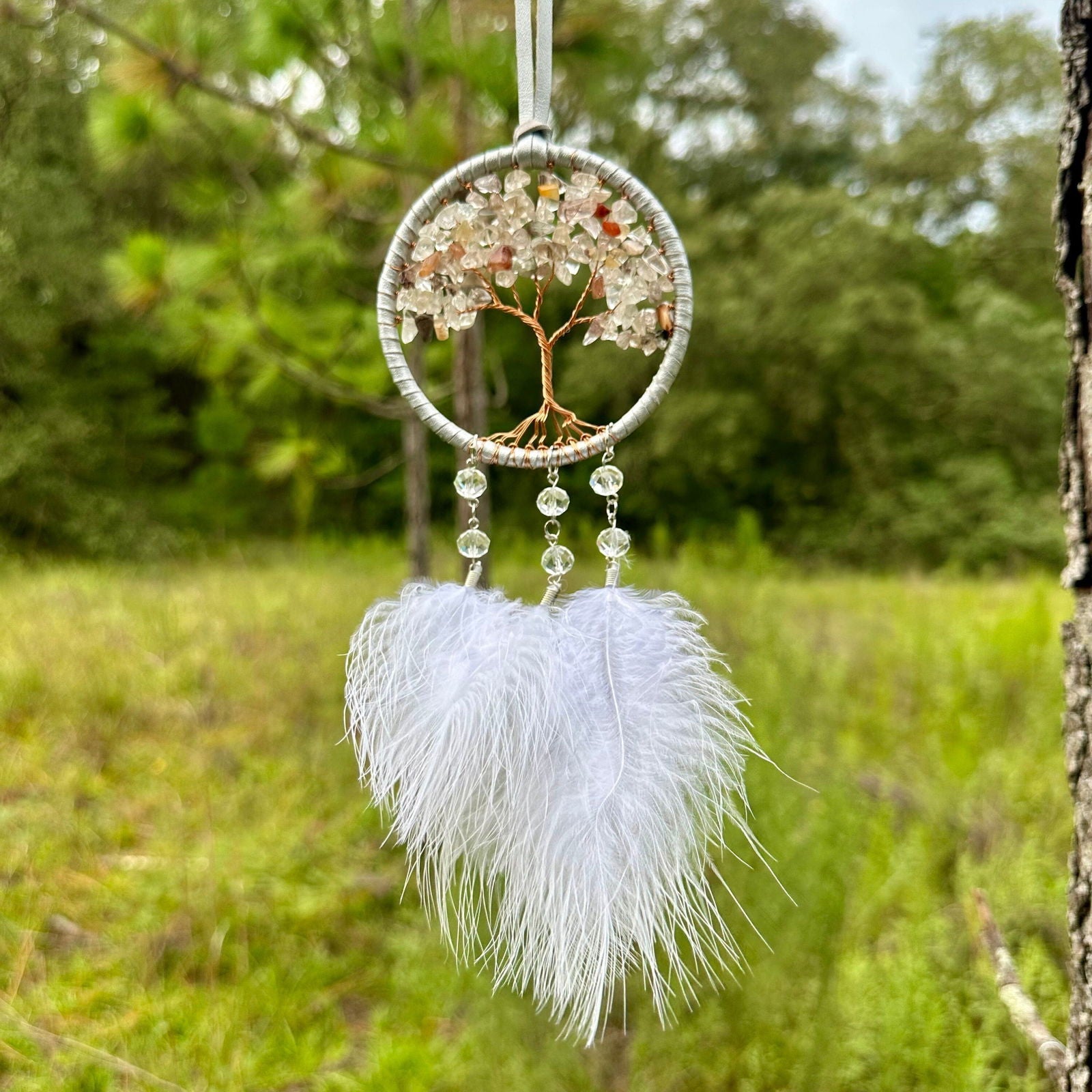 Handmade White Tree of Life Dreamcatcher with White Feathers -  Rearview Mirror Hanging or Wall Hanging-2