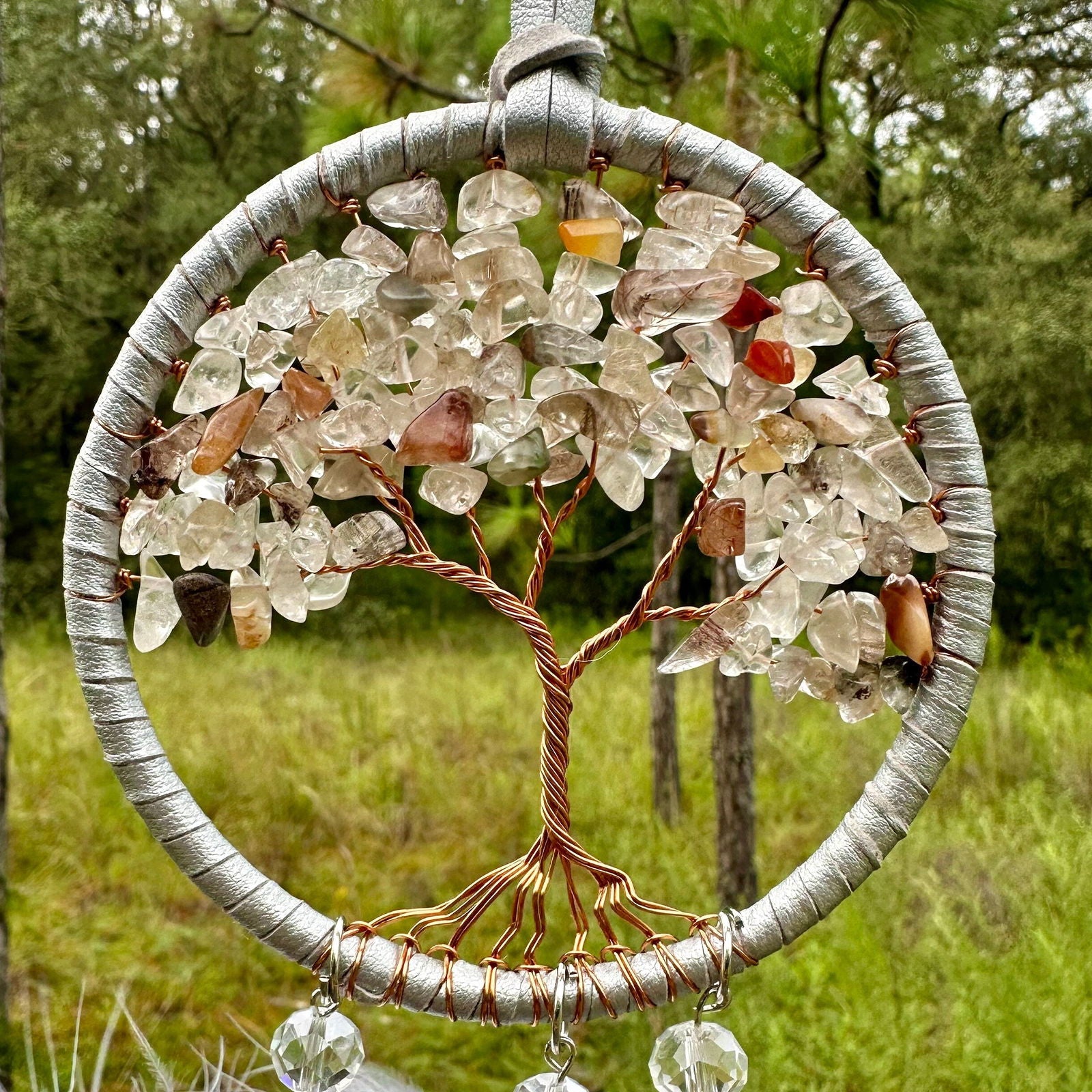 Handmade White Tree of Life Dreamcatcher with White Feathers -  Rearview Mirror Hanging or Wall Hanging-3