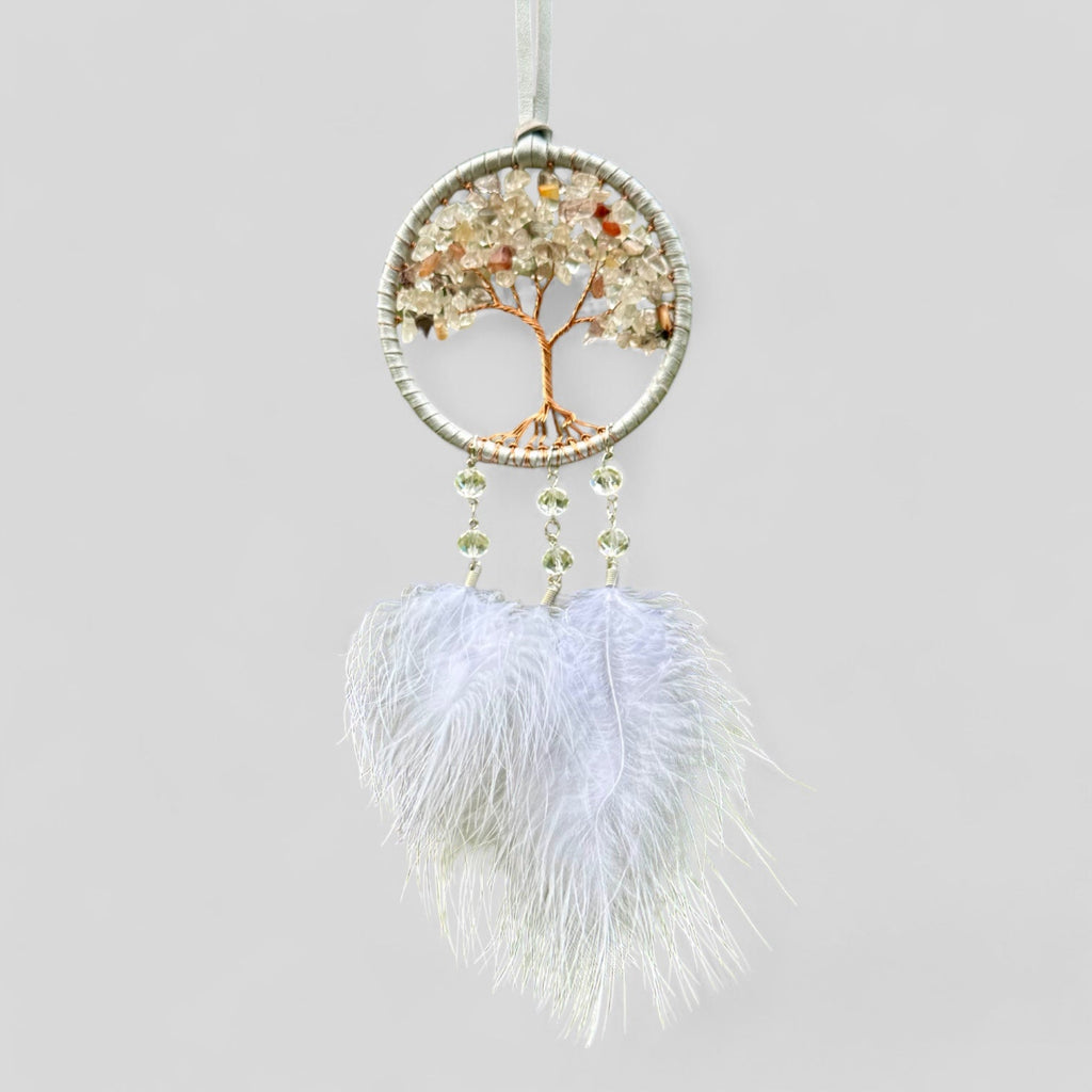 Handmade White Tree of Life Dreamcatcher with White Feathers -  Rearview Mirror Hanging or Wall Hanging-0