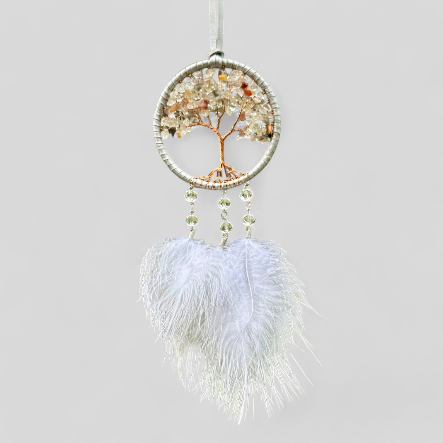 Handmade White Tree of Life Dreamcatcher with White Feathers -  Rearview Mirror Hanging or Wall Hanging-0
