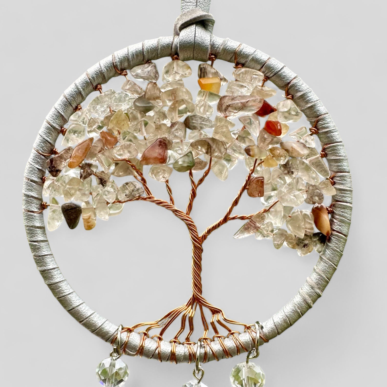 Handmade White Tree of Life Dreamcatcher with White Feathers -  Rearview Mirror Hanging or Wall Hanging-1
