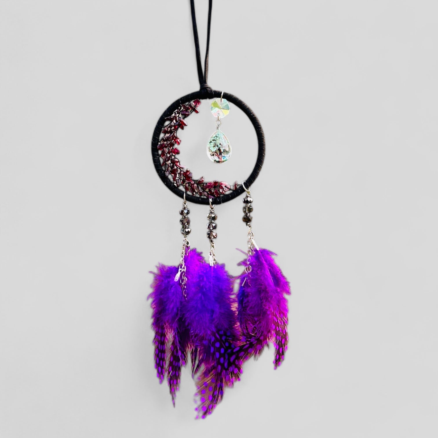 Dark Purple Crescent Moon Dreamcatcher with Purple Spotted Feathers & Decorative Tree Hanging Charm, Rearview Mirror Hanging or Wall Hanging-0