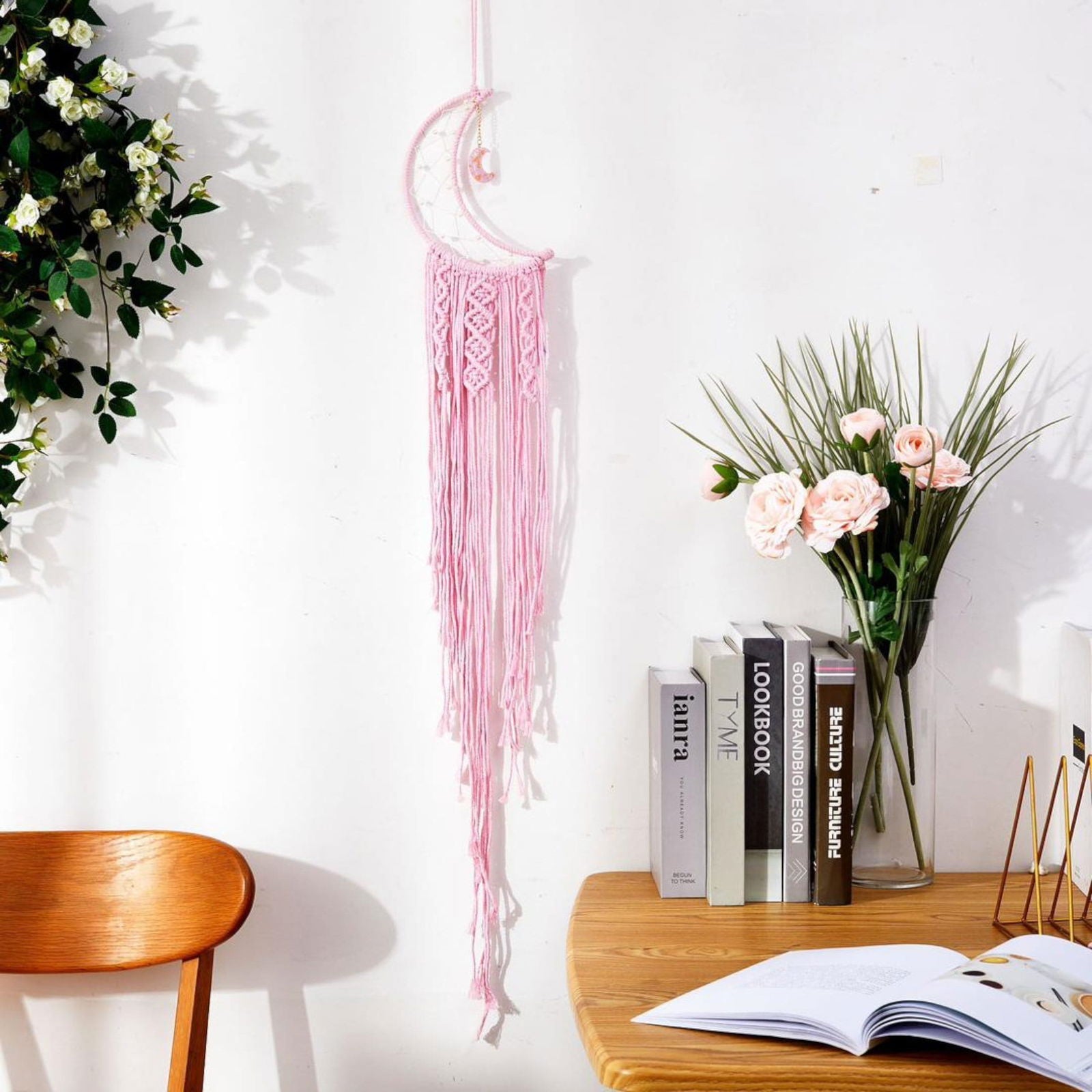 Macrame Wall Hanging Crescent Moon Dream Catcher with Moon Charm, Modern Boho Style Home Decor -- Pink-0