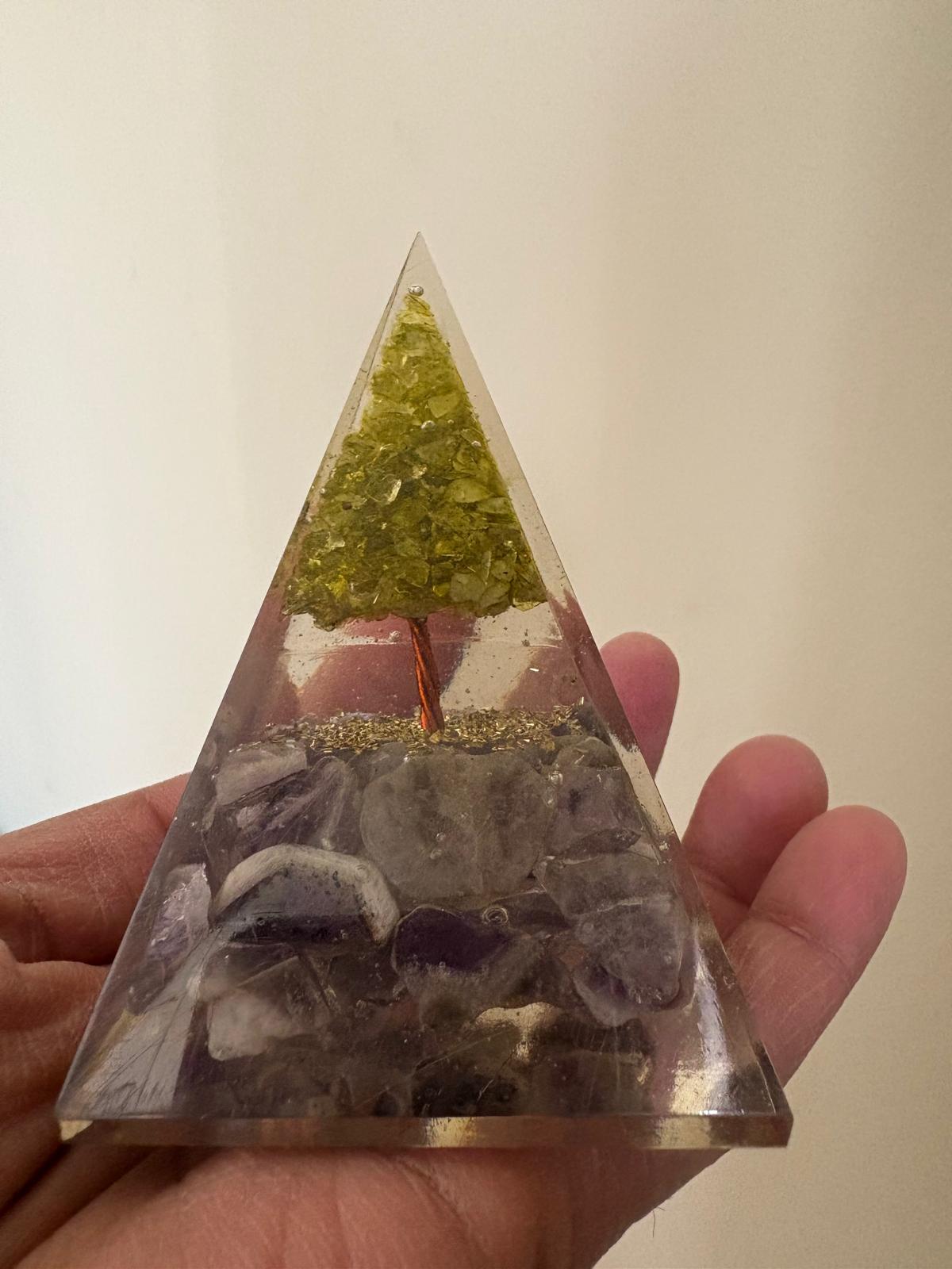 Amethyst with Peridot Tree of Life Orgonite Pyramid