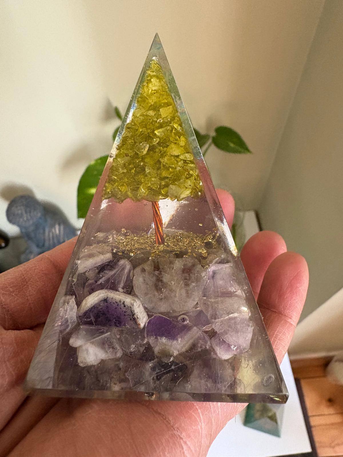 Amethyst with Peridot Tree of Life Orgonite Pyramid