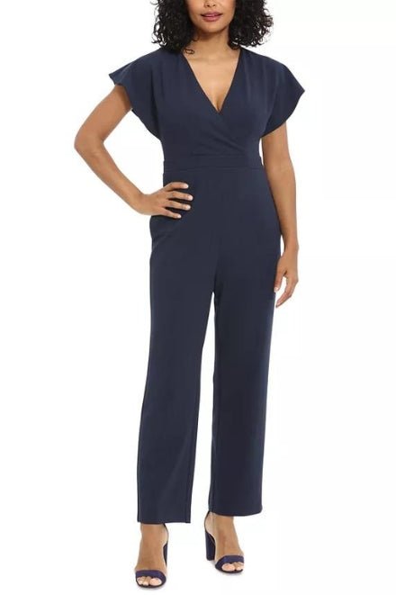 London Times Batwing V - Neck Side - Pocket Zipper Back Jumpsuit - AROMATIC