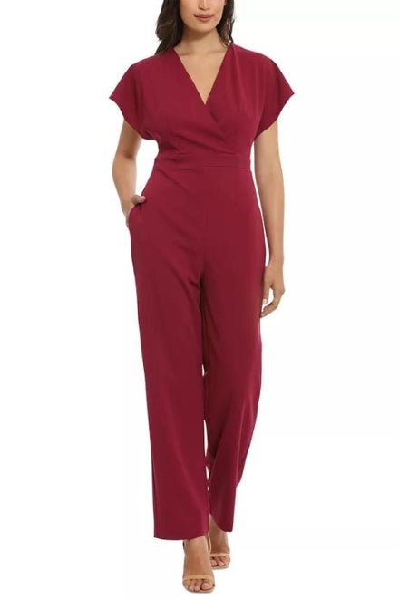 London Times Batwing V - Neck Side - Pocket Zipper Back Jumpsuit - AROMATIC
