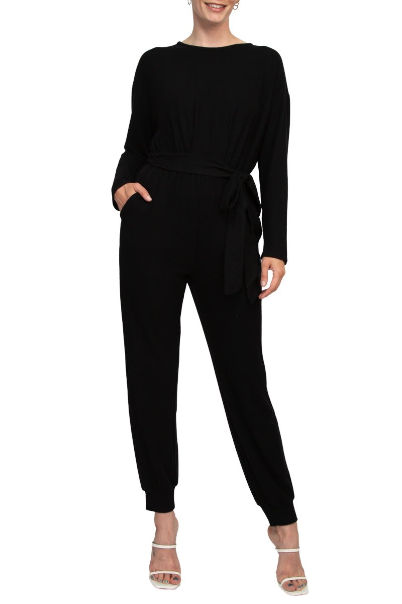 Philosophy Crew Neck Dolman Long Sleeve Tie Waist Elastic Hem Pockets Jersey Knit Jumpsuit - AROMATIC