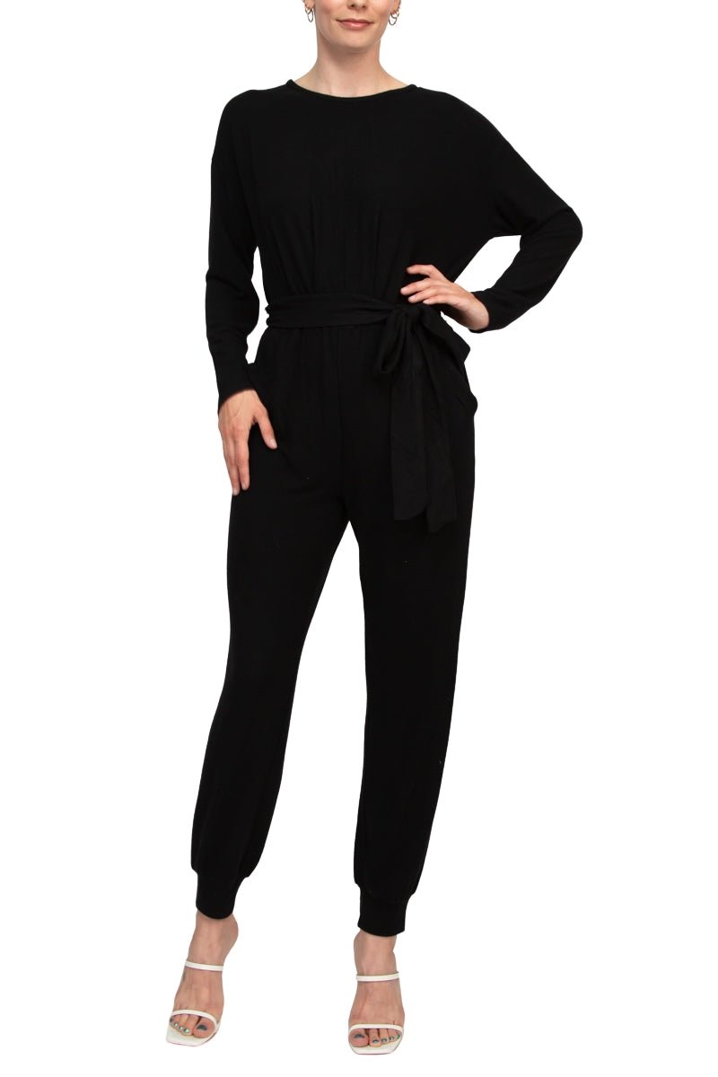 Philosophy Crew Neck Dolman Long Sleeve Tie Waist Elastic Hem Pockets Jersey Knit Jumpsuit - AROMATIC