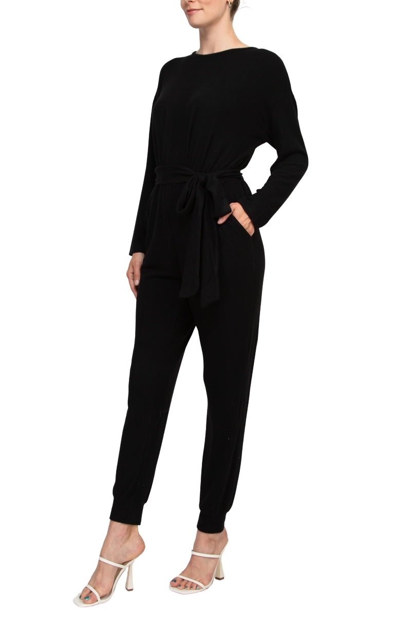 Philosophy Crew Neck Dolman Long Sleeve Tie Waist Elastic Hem Pockets Jersey Knit Jumpsuit - AROMATIC